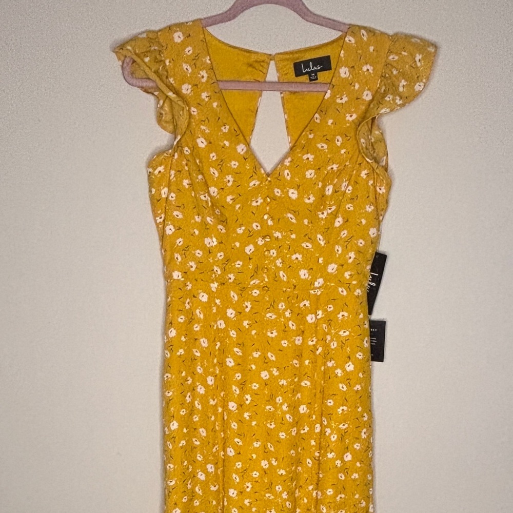 Lulu’s NWT Mustard Yellow Floral Backless Maxi Wedding Guest Dress Size Medium - Picture 3 of 13